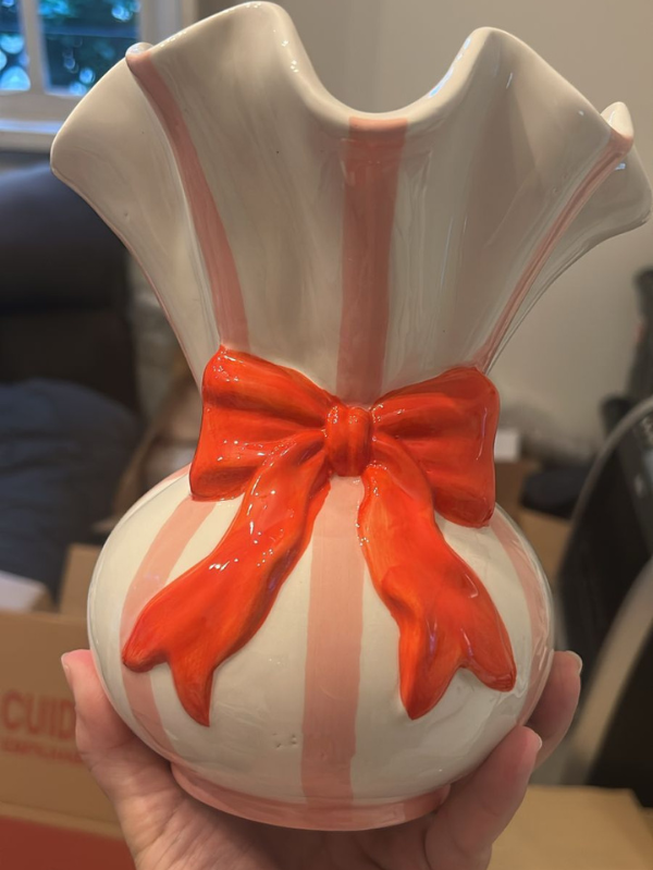 Vaso decorativo laço rosa e vermelho